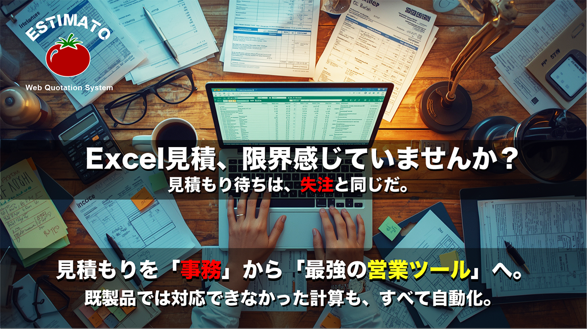 エスティマート
中小企業の見積業務に潜む“見えない損失”をゼロにするスマート見積システム『Estimato(エスティマート)』